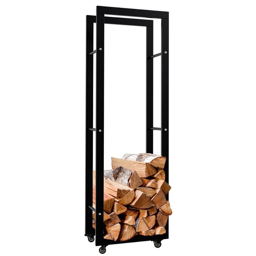 KAMINHOLZREGAL innen Metall SATLO - mit Rollen | Schwarz, 25x40x125cm - Schwarz, Metall (40/125/25cm) - DELUKE