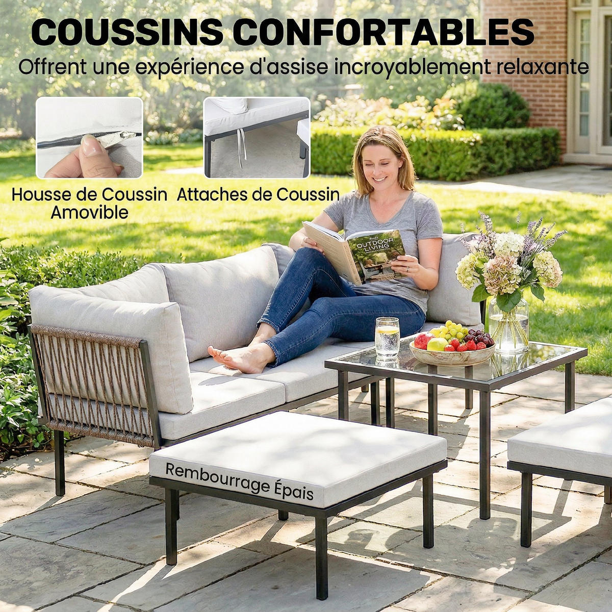 LOUNGEGARNITUR DE-13539 6-sitzig modulbar, mit Glastisch Hellgrau - Hellgrau, Metall - ComfortXL