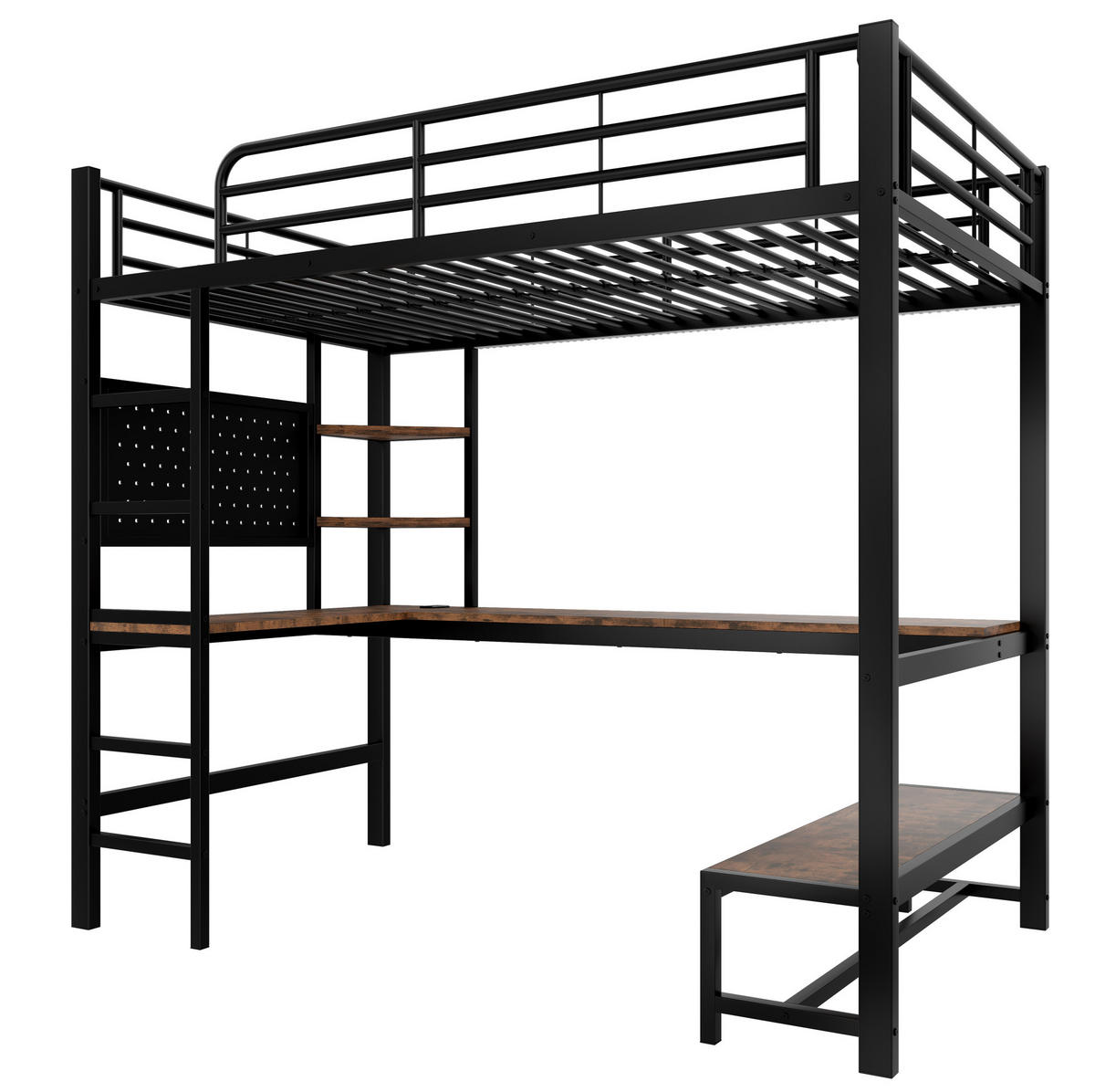 HOCHBETT 90/200 cm aus Metall mit Schreibtisch, LED-Leiste, USB-C, Schwarz - Schwarz, Metall (90/200cm) - OKMYHOME
