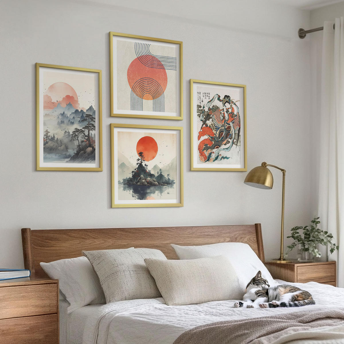 WANDBILDER 4er Set - 50x50 cm & 40x60 cm Goldrahmen - Asiatische Landschaften Japandi - Goldfarben, Kunststoff (50/50cm) - ArtPrintCave