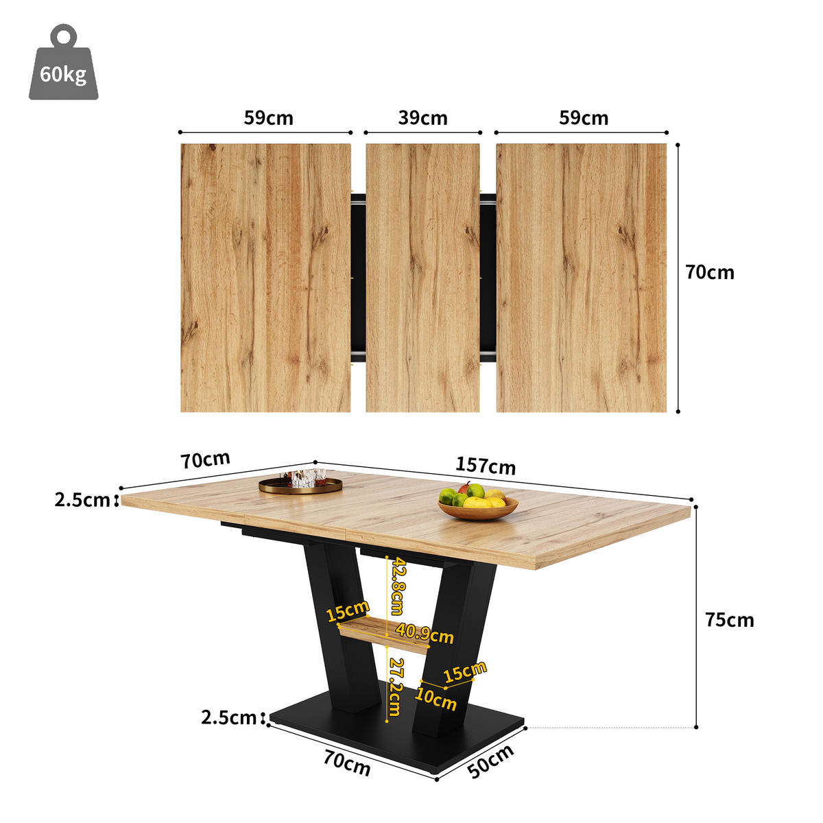 ESSTISCH Schwarzes und natürliches Holz 157/70/75 cm - Kirschbaumfarben/Schwarz, Holz/Metall (70/157/75cm) - Urban Meuble