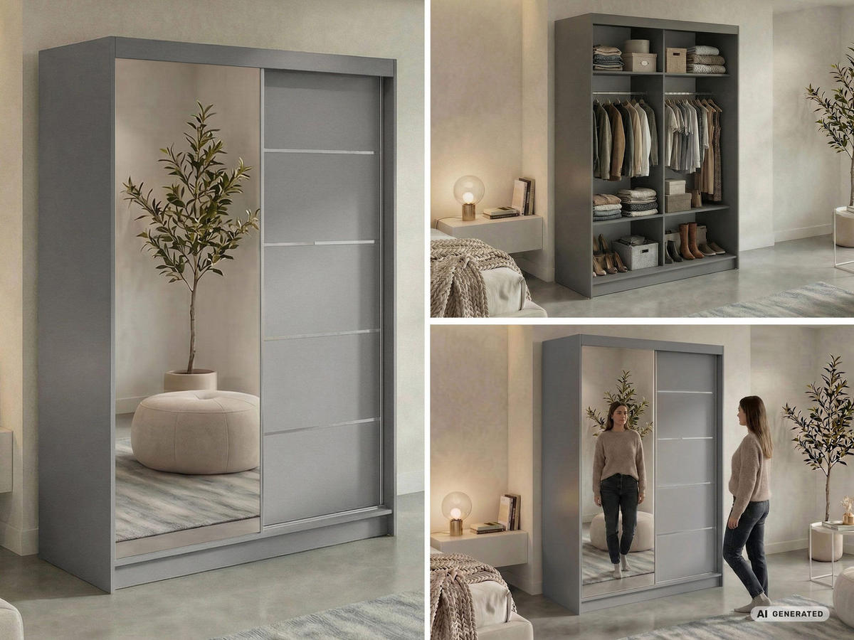SCHWEBETÜRENSCHRANK 150 - SKORIA - Grau mit Spiegel - Alufarben/Grau, Holzwerkstoff/Metall (150/216/61cm) - MKS