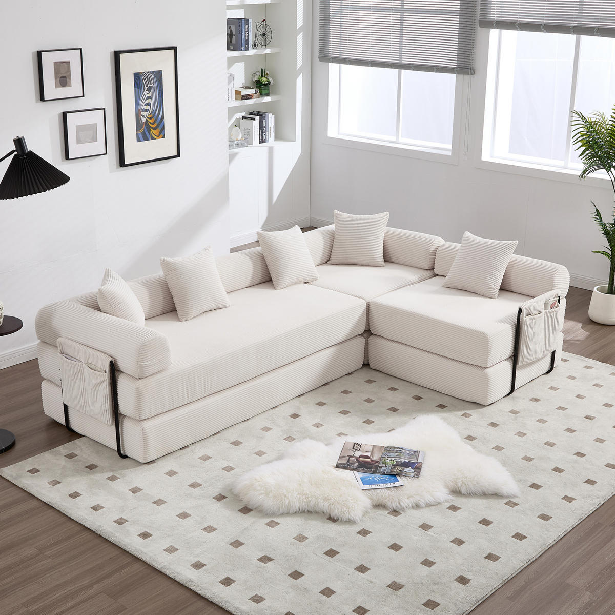 ECKSOFA 270/180/64 cm Beige aus Cord mit Schlaffunktion und Seitentasche - Beige, Textil (180/270cm) - OKWISH