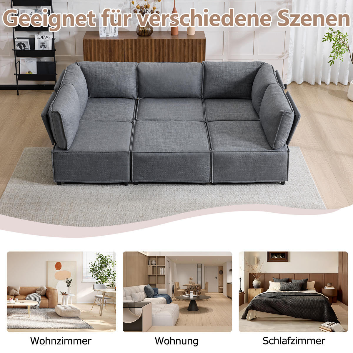 WOHNLANDSCHAFT Leinen Dunkelgrau - Dunkelgrau, Holzwerkstoff/Textil (308/77/152cm) - WISHDOR