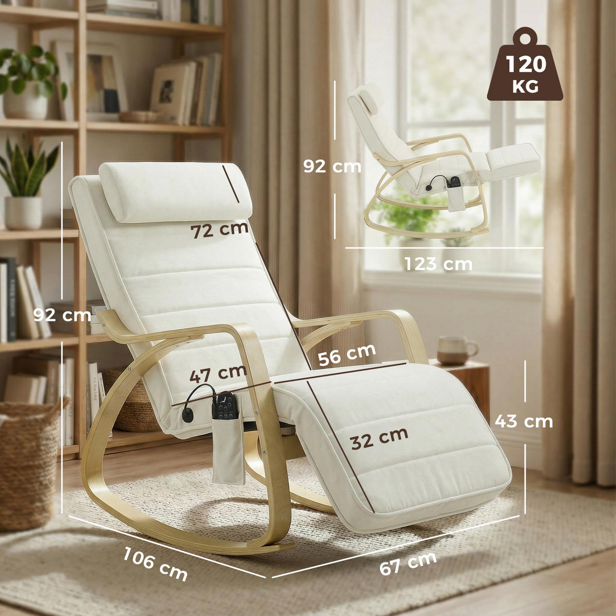 SCHAUKELSTUHL DE-07601 mit Massage, Heizung und verstellbarer Kopf- & Fußstütze Cremeweiß - Creme, Textil (67/92/106cm) - ComfortXL