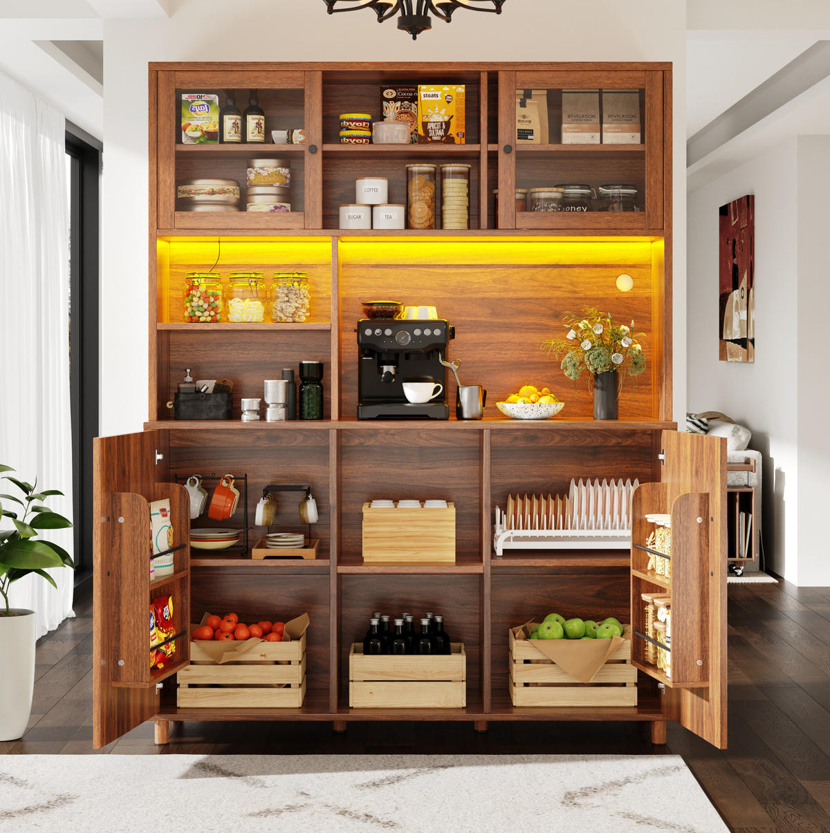 ANRICHTE Hochschrank 140/40/185 cm aus MDF und Glas mit LED-Beleuchtung und Schiebetüren Walnussbraun - Braun, Holzwerkstoff (140/185/40cm) - Modenvie