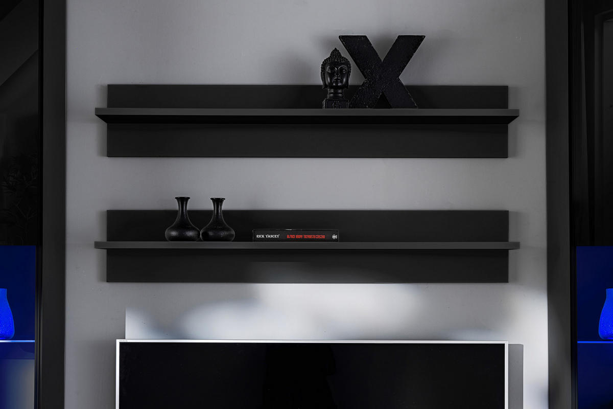 WOHNZIMMERSET VARALLO, 6er-Set, Schwarz, Front Hochglanz Schwarz , LED Mehrfarbige - Schwarz, Glas/Holzwerkstoff (200/190/45cm) - Komodee