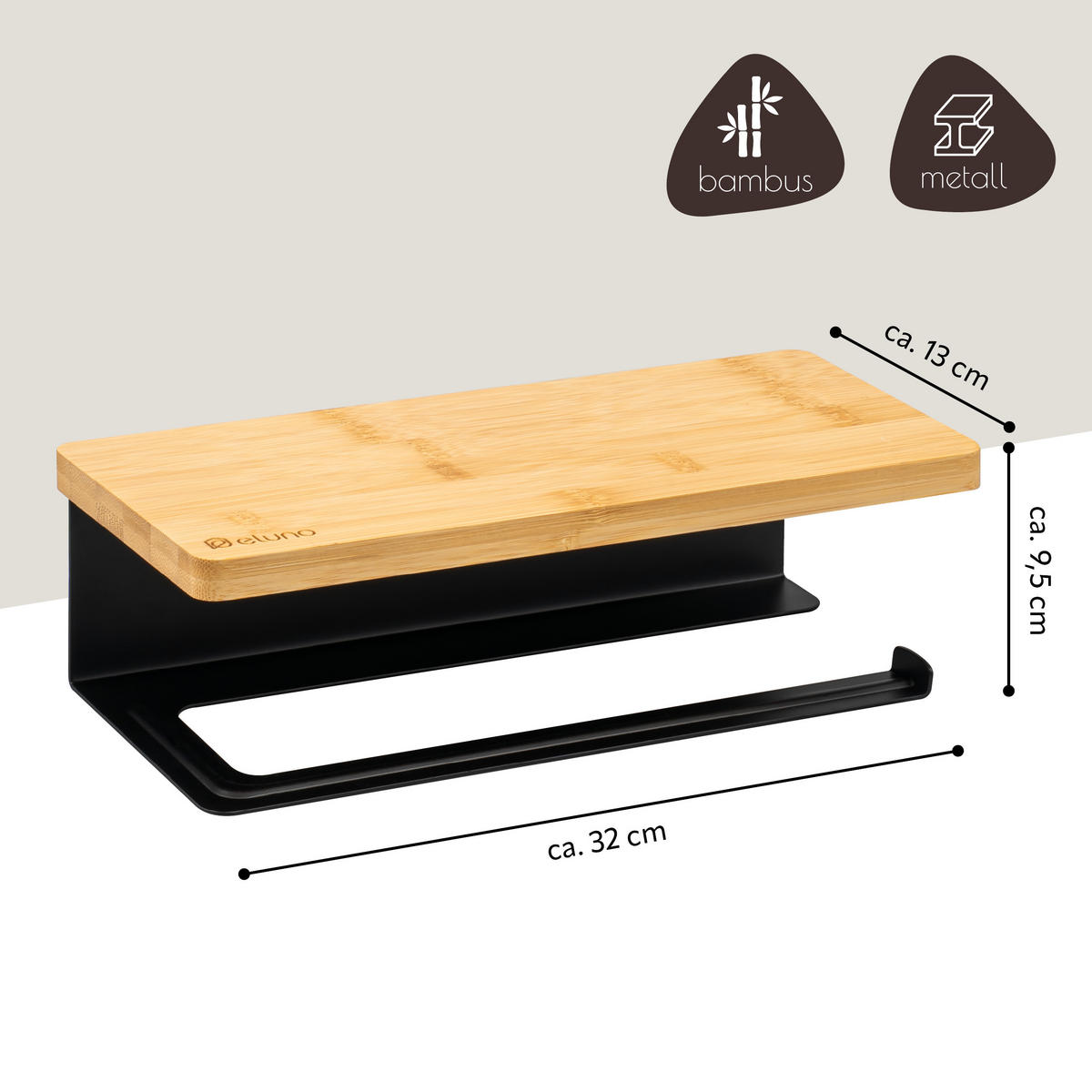 KÜCHENROLLENHALTER mit Bambusablage - Schwarz, Metall (32/9.5/13cm) - eluno