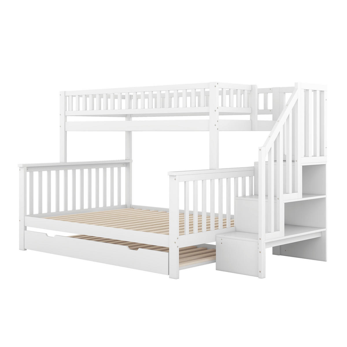 ETAGENBETT 90/200 und 140/200 cm mit Rollbett, Treppe mit Stauraum und Lattenrost, Kiefer, Weiß - Weiß, Holzwerkstoff (90/200cm) - Redom
