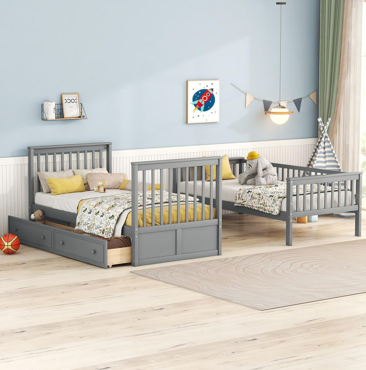 ETAGENBETT 90/200 cm aus Kiefer mit 2 Schubladen und Umbaufunktion Grau - Grau, Holz (90/200cm) - Modenvie