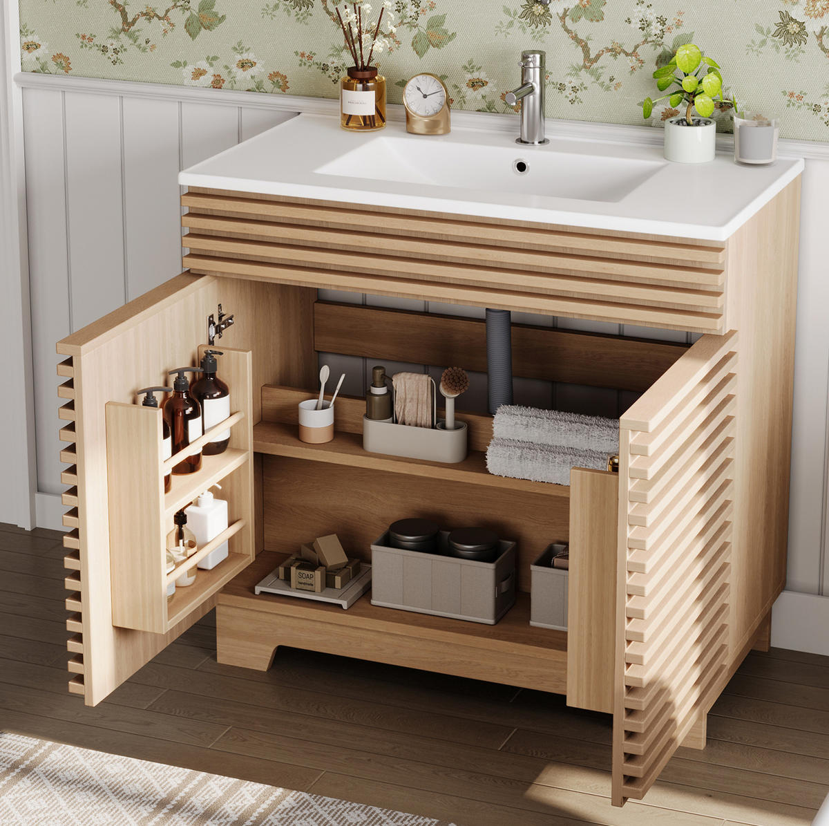 WASCHTISCHUNTERSCHRANK mit Keramikbecken 91 x 46 x 80 cm Natur - Naturfarben, Holzwerkstoff (46/80/91cm) - Beauniv