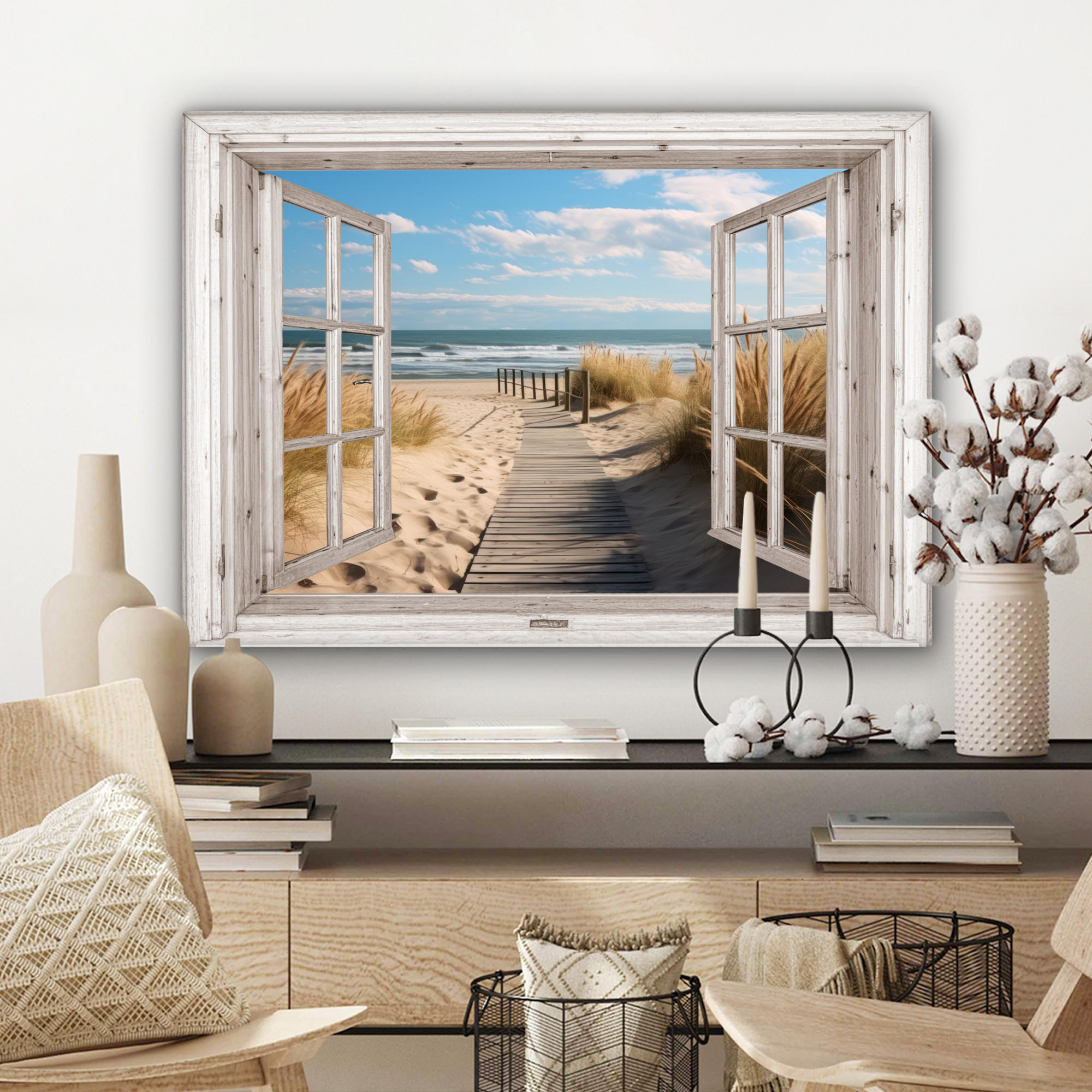 LEINWANDBILD Fenster - Meer - Küste - Natur - Ausblick - Strand - Wattenmeer Wandbilder 80x60 cm - Beige, Textil (80/60cm) - MuchoWow
