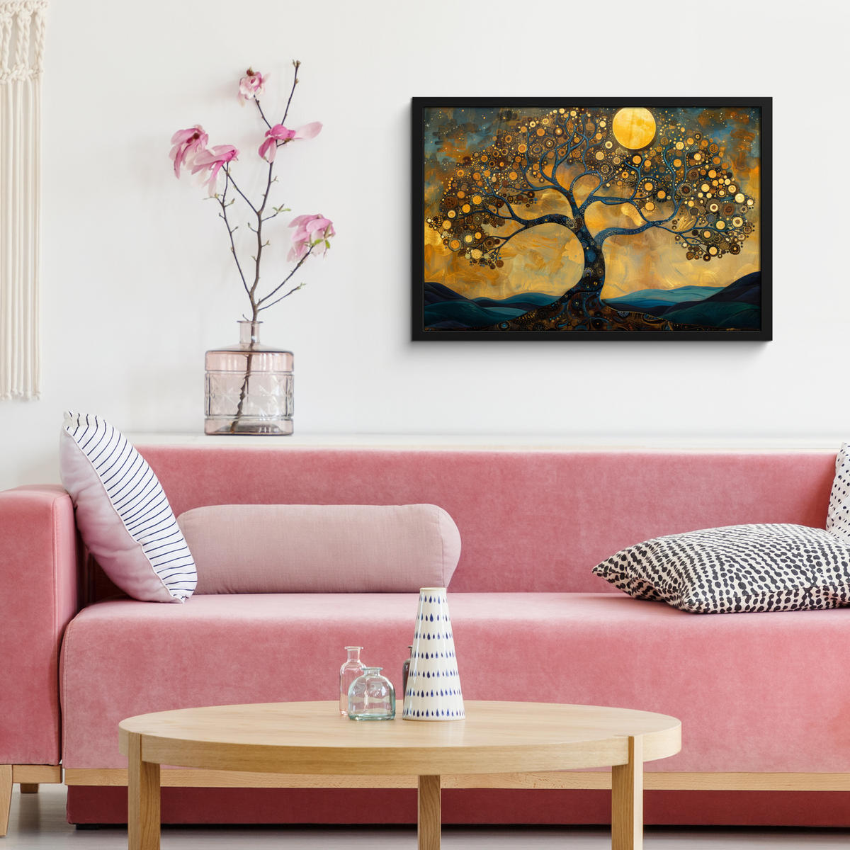 POSTER MIT RAHMENGERAHMTES BILD Baum - Mond - Blumen - Gold - Kunst 60x40 cm - Orange, Papier (60/40cm) - MuchoWow