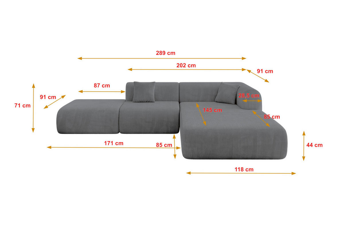 ECKSOFA Ottomane Rechts OVLY-L 289x176x71 Dunkelgrau Cord - Dunkelgrau/Anthrazit, Holzwerkstoff/Kunststoff (289/176cm) - ALTDECOR