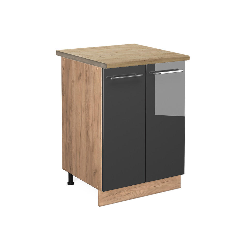 KÜCHENUNTERSCHRANK Fame-Line Anthrazit Hochglanz 60 cm, AP Eiche - Honigeiche/Schwarz Hochglanz, Holzwerkstoff (60/82/60cm) - Vicco