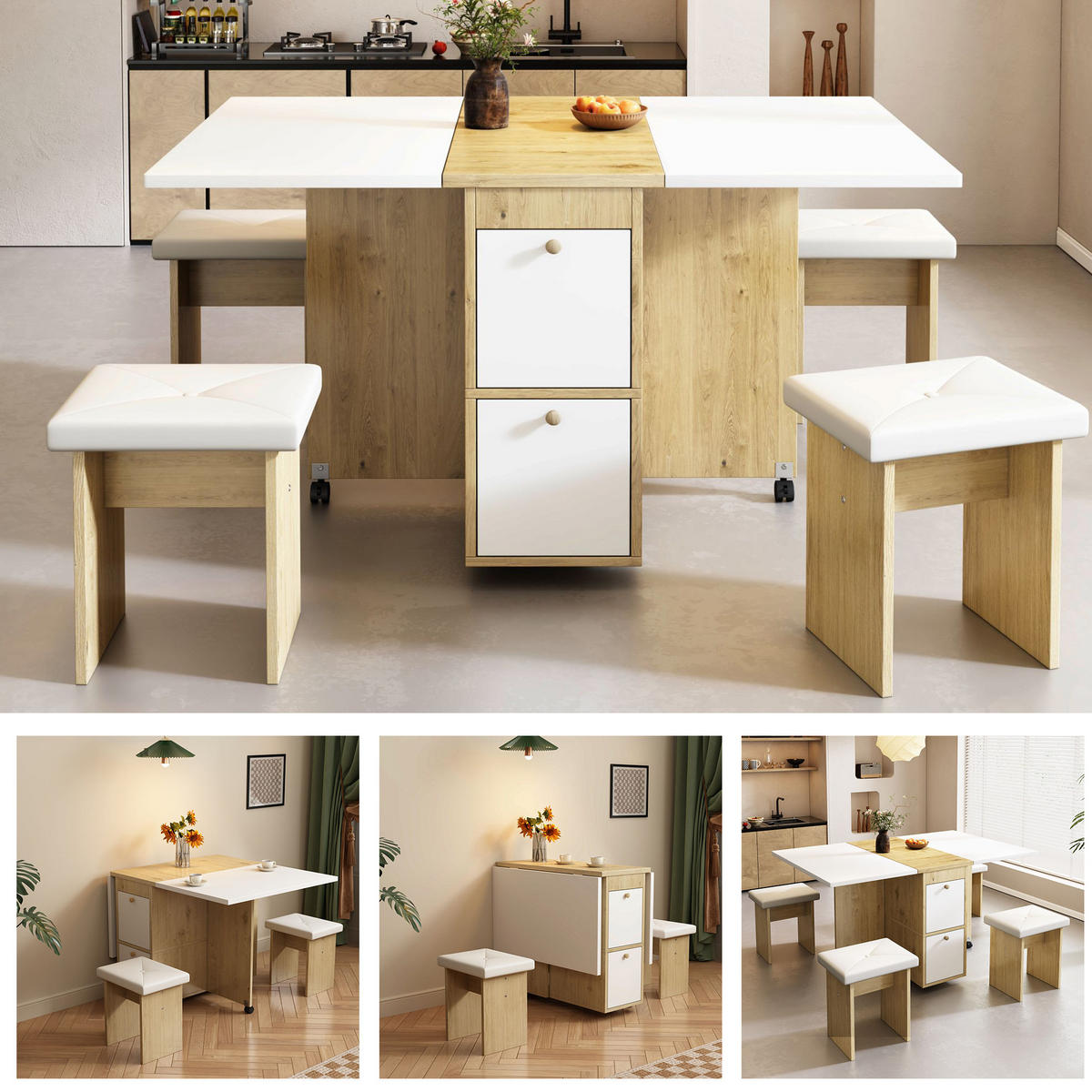 ESSTISCH-SET 120/80/75 cm klappbarer multifunktionaler Esstisch mit 4 Stühlen weiß/Eiche - Weiß, Holzwerkstoff (80/75/120cm) - OKWISH