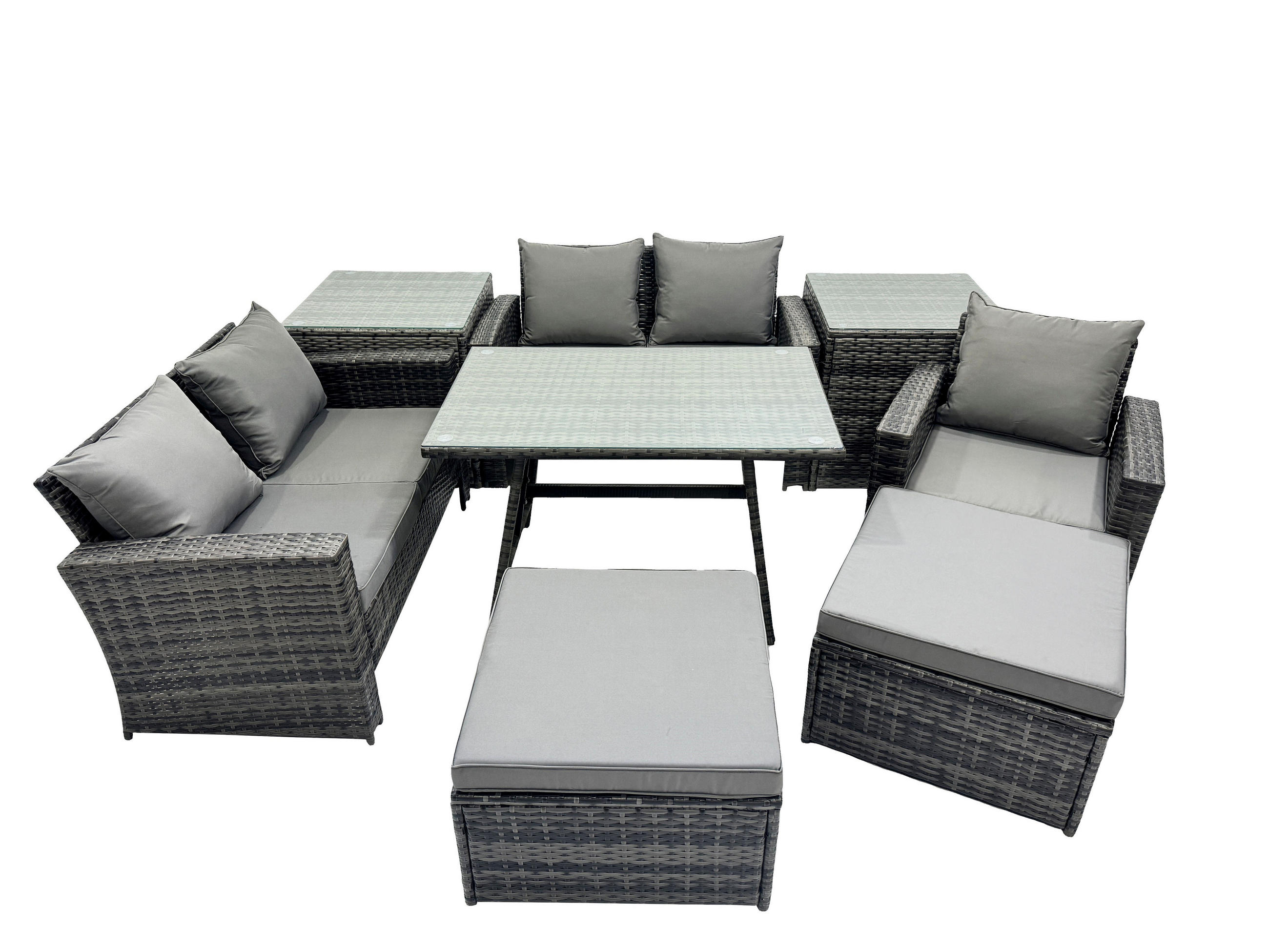 GARTENMÖBELSET mit ESSTISCH,HOCHLEHNER-SOFA Polyrattan Dunkelgrauer Mix 7-Sitzer - Dunkelgrau/Grau, Glas/Kunststoff - Fimous