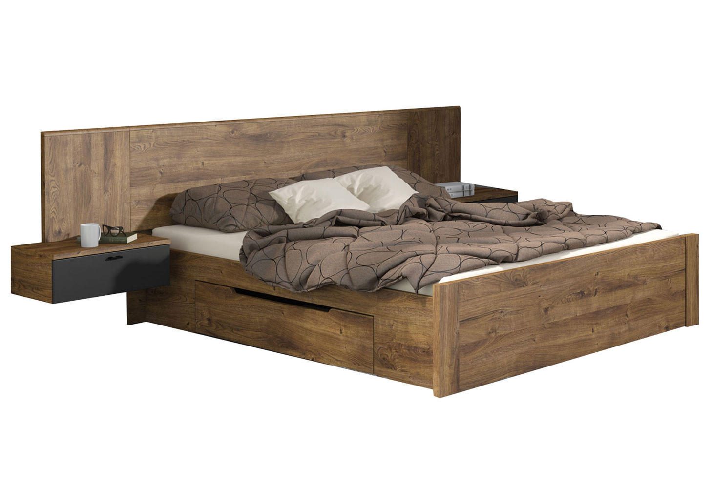 DOPPELBETT MIT NACHTKONSOLEN Roma Eiche ribbeck / dunkelgrau 298 / 207 / 90cm - Eichefarben/Schwarz, Holz/Holzwerkstoff (160/200cm) - Feldmann-Wohnen