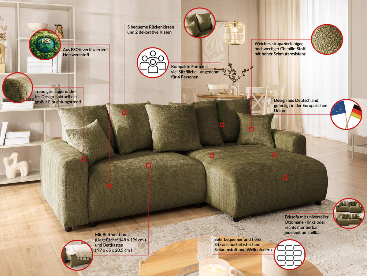 ECKSOFA Calma mit Schlaffunktion und Bettkasten im Bumpy-Design aus weichem Grün Chenille-Stoff - Ottomane rechts - Beige/Schwarz, Holz/Kunststoff (239/140cm) - S-Style Möbel