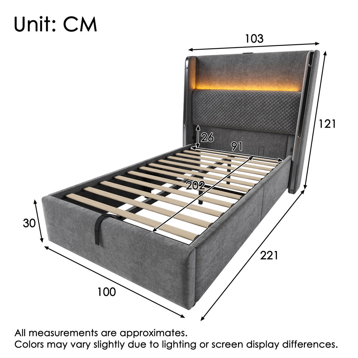 BETT 90/200 cm Grau mit hohem Kopfteil LED-Beleuchtung und Stauraum - Grau, Textil (90/200cm) - OKWISH