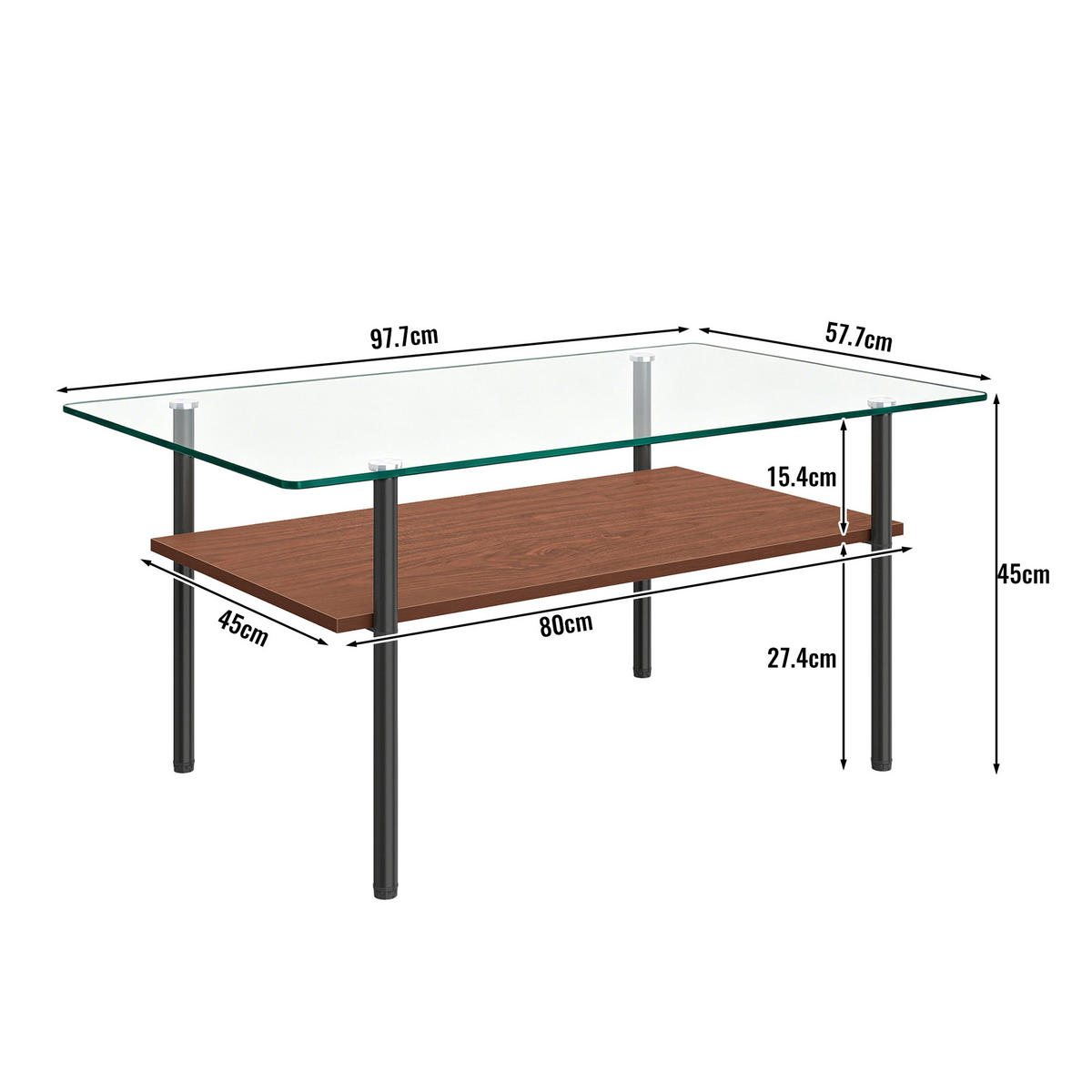 COUCHTISCH DE-37418 rechteckig mit Glasplatte und MDF-Ablage Braun - Schwarz/Braun, Metall (97.7/57.7/45cm) - ComfortXL