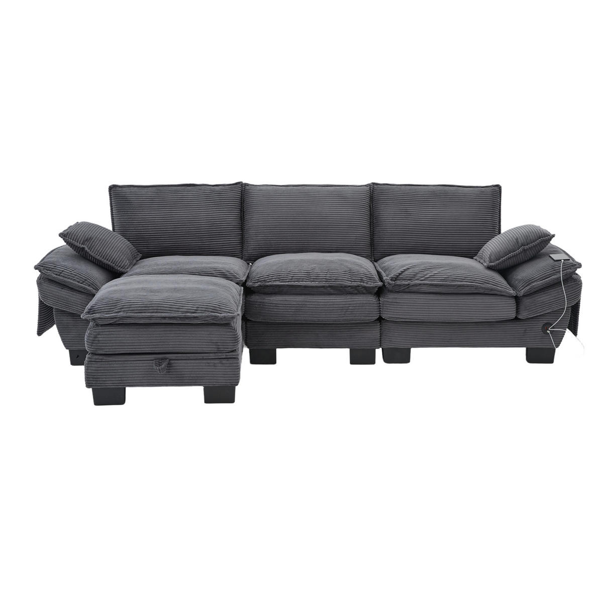 ECKSOFA 260/132/84 cm dunkelgrau aus Cord mit Hocker und USB-C - Dunkelgrau, Textil (132/260cm) - OKWISH