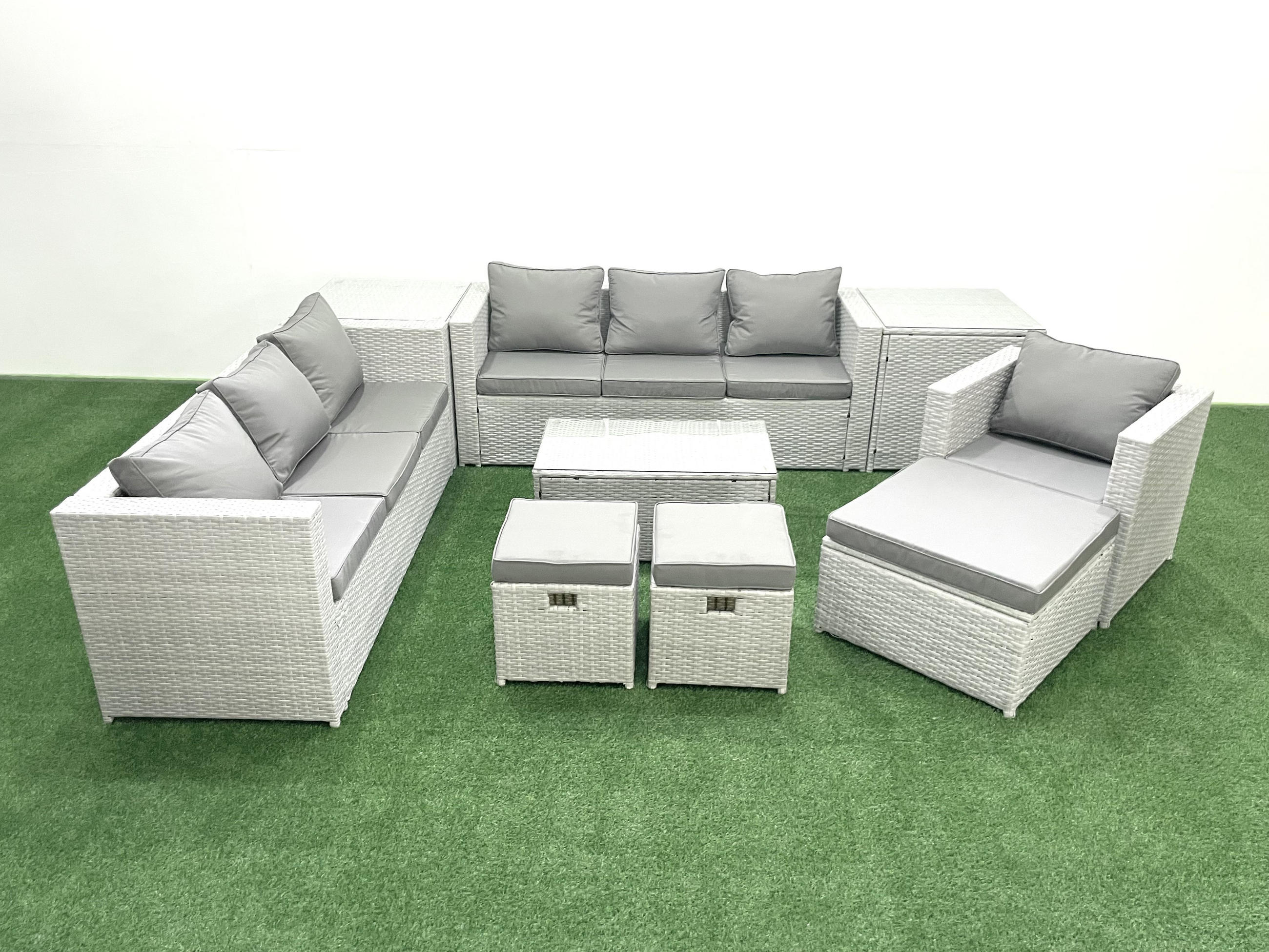 GARTENGARNITUR mit 3-SITZER SOFA,COUCHTISCH Polyrattan Hellgrau-Mix 10-Sitzer - Hellgrau/Grau, Glas/Kunststoff - Fimous