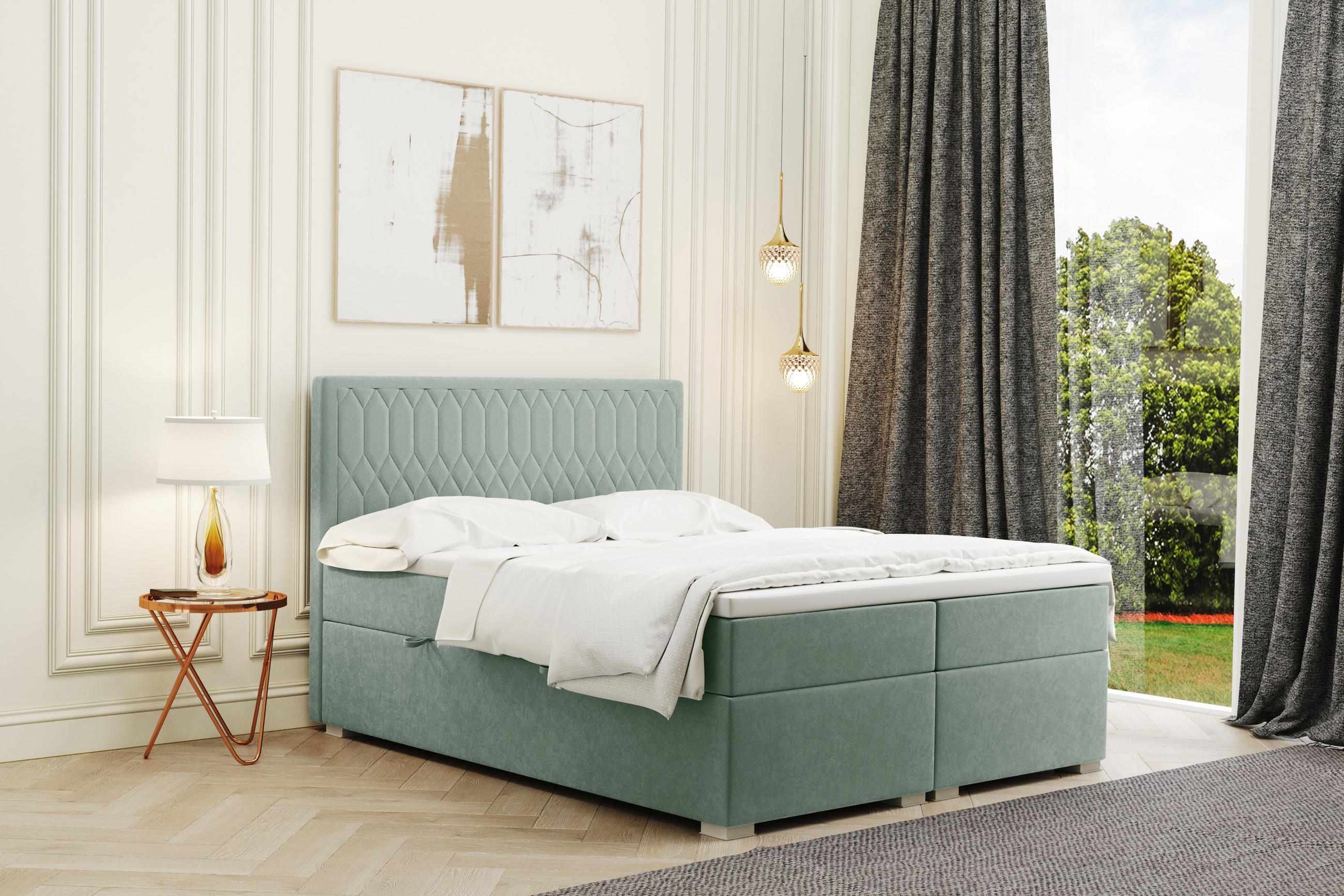 BOXBETT Mit Bettkasten Matratze Topper RIMINI Stoff Riviera Mintz 140x200 cm H2-Pocket - Mintgrün, Holz/Textil (140/200cm) - Kaiser Möbel