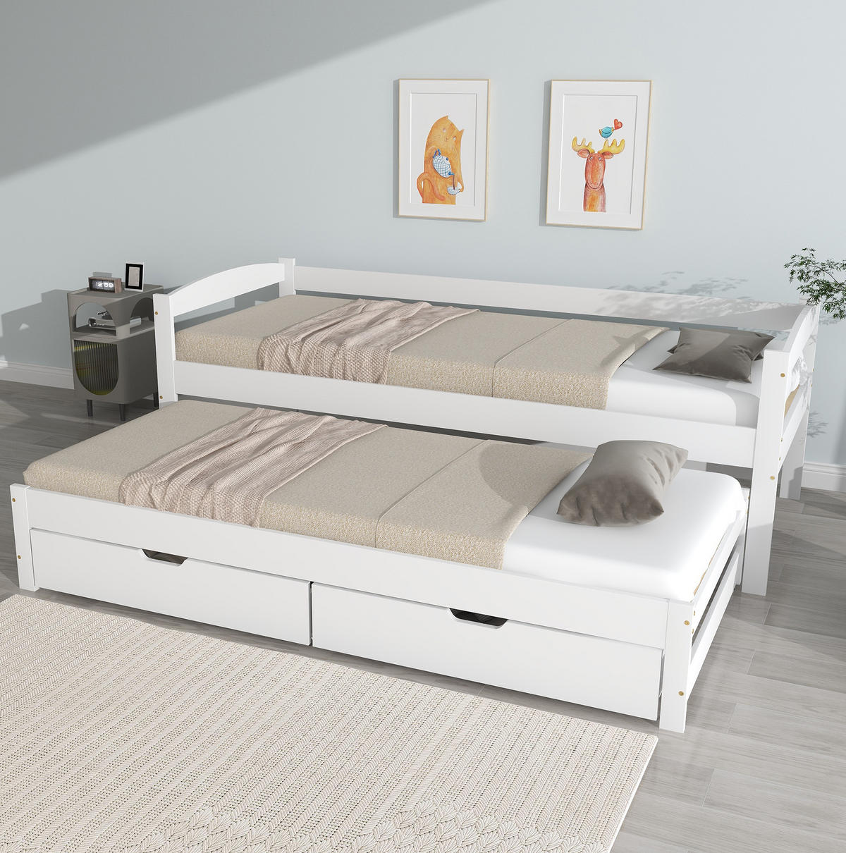DNEVNI krevet od masivne borovine i MDF-a 90x200 cm bijela s izvlačnim ležajem, 2 ladice i ogradom - bijela, drvni materijal (90/200cm) - Modfu
