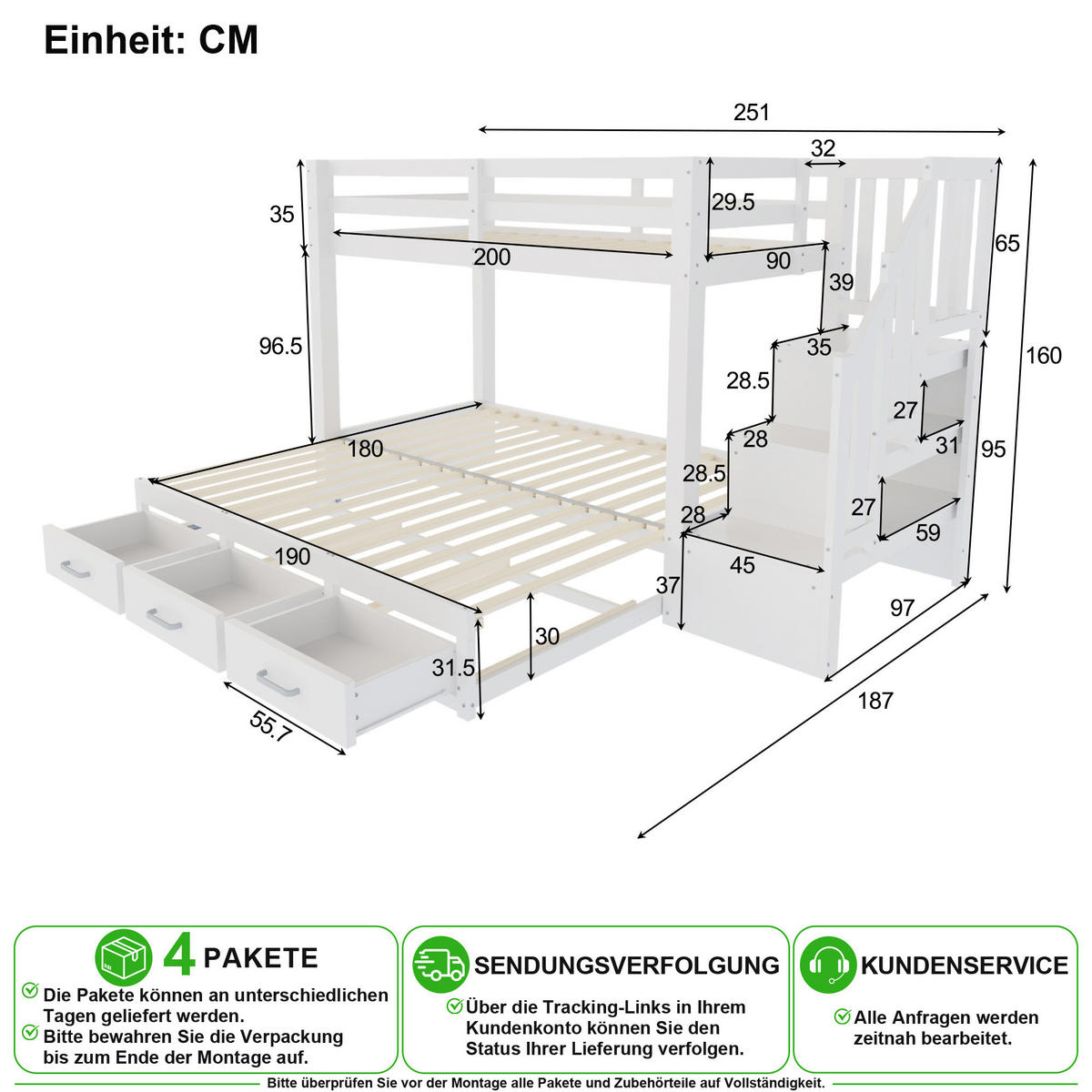 ETAGENBETT 90/200 cm in Weiß mit Ausziehbett, 3 Schubladen und Stauraumleiter - Weiß, Holz/Holzwerkstoff (90/200cm) - CHICFURN