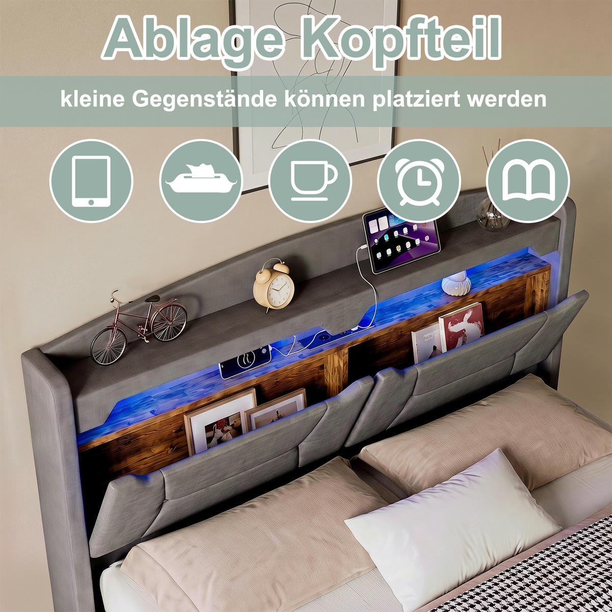 POLSTERBETT 140/200 cm mit Stauraum & LED‑Beleuchtung, gepolstertes Kopfteil mit USB‑Ladestation, graues Stoffbett mit Bettkasten für Schlafzimmer - Anthrazit, Holz/Metall (140/200cm) - Joyfair