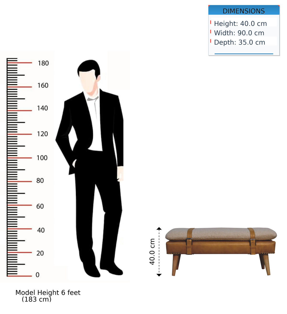 HOCKERBANK Boucle Büffelleder Tan - Braun, Leder/Holz (35/40/90cm) - Artisan Furniture