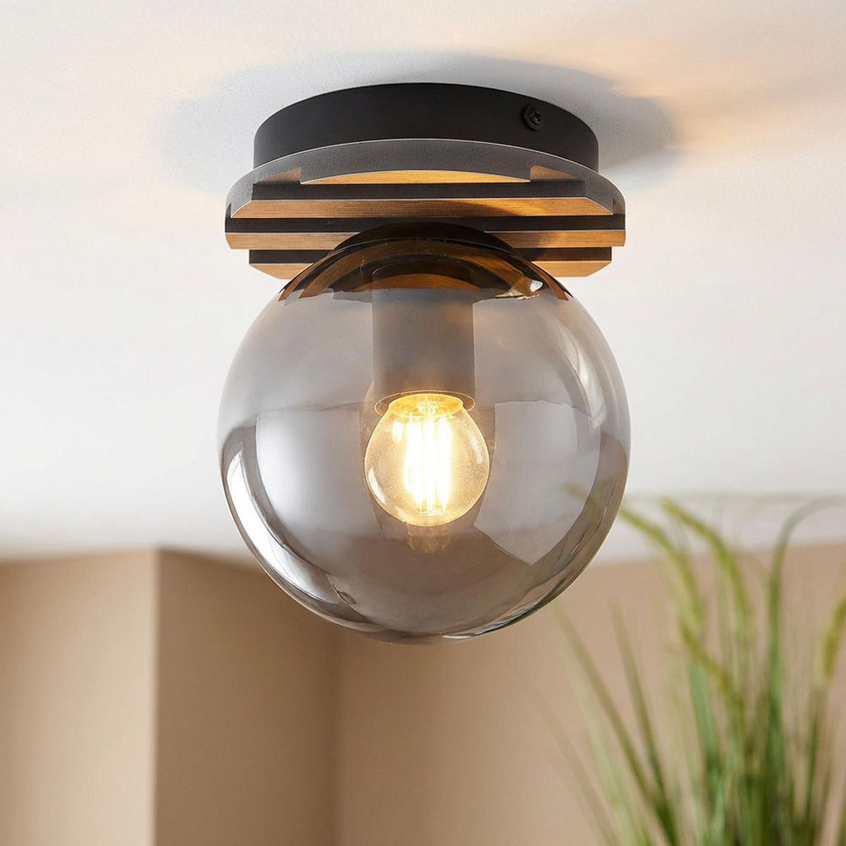 DECKENLEUCHTE PARSONS Metall Glas Schwarz Holzoptik - Schwarz, Glas (15/15/20cm) - Globo Lighting