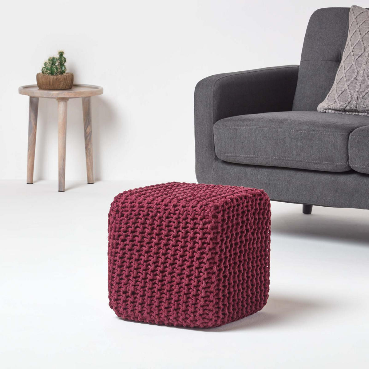 STRICK-POUF weinrot, Sitzwürfel 35/35/35 cm - Weinrot, Textil (35/35/35cm) - Homescapes