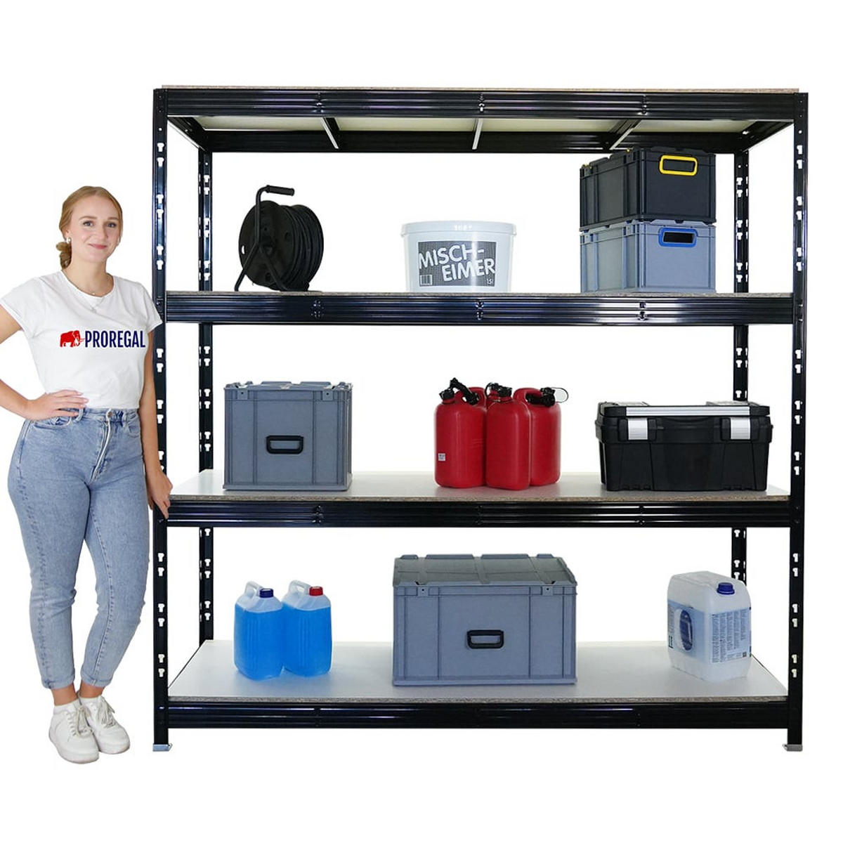 SCHWERLASTREGAL Rhino 200x200x60 cm 4 Melamin-Ebenen 16mm Fachlast 500 kg Schwarz - Schwarz, Metall (200/200/60cm) - PROREGAL