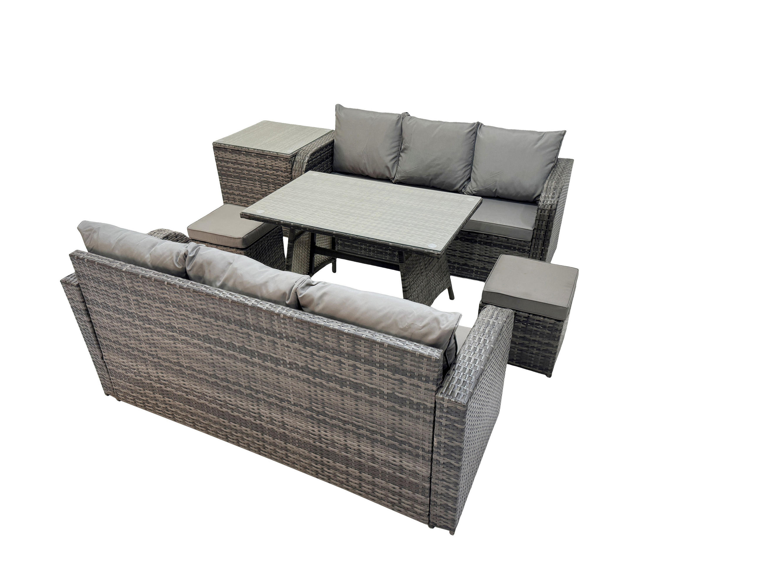 GARTENSET Hohe Rückenlehne Polyrattan 8-Sitzer - Dunkelgrau/Grau, Glas/Kunststoff - Fimous