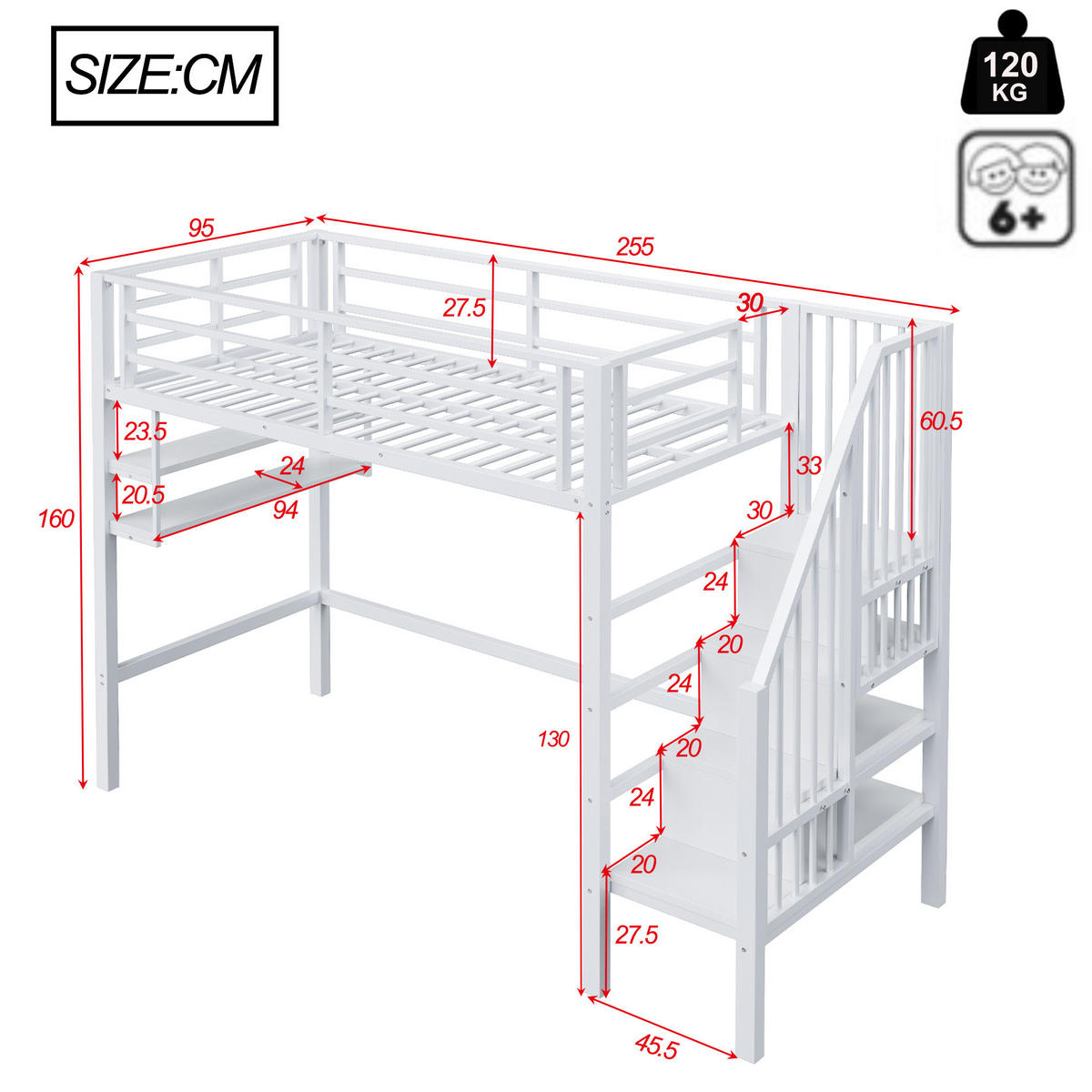 HOCHBETT 90/200 cm, Weiß mit Regalen, Stauraumleiter, ohne Matratze - Weiß, Metall (90/200cm) - MIVRAY