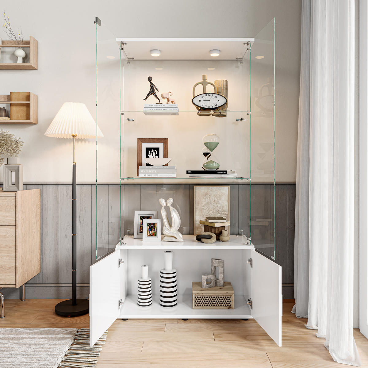 GLASVITRINE 4 Türen 6 Einlegeböden LED Touch weiß - Weiß, Holz (78.5/164/35cm) - LEBENLANG