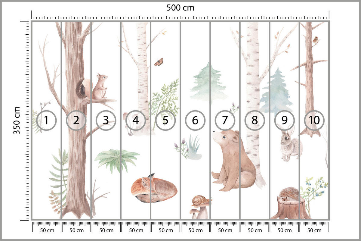 FOTOTAPETE für Kinderzimmer Wilde Waldtiere Aquarell Bäume 500x350 - Orange/Braun, Papier (500/350cm) - Muralo
