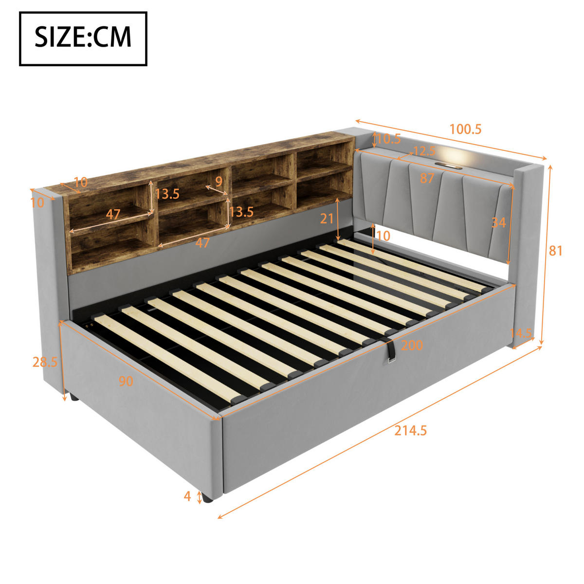 POLSTERBETT 90/200 cm Hellgrau mit Stauraum, Nachtlicht und USB- und Type-C-Anschlüssen - Hellgrau, Textil (90/200cm) - Flora Grace