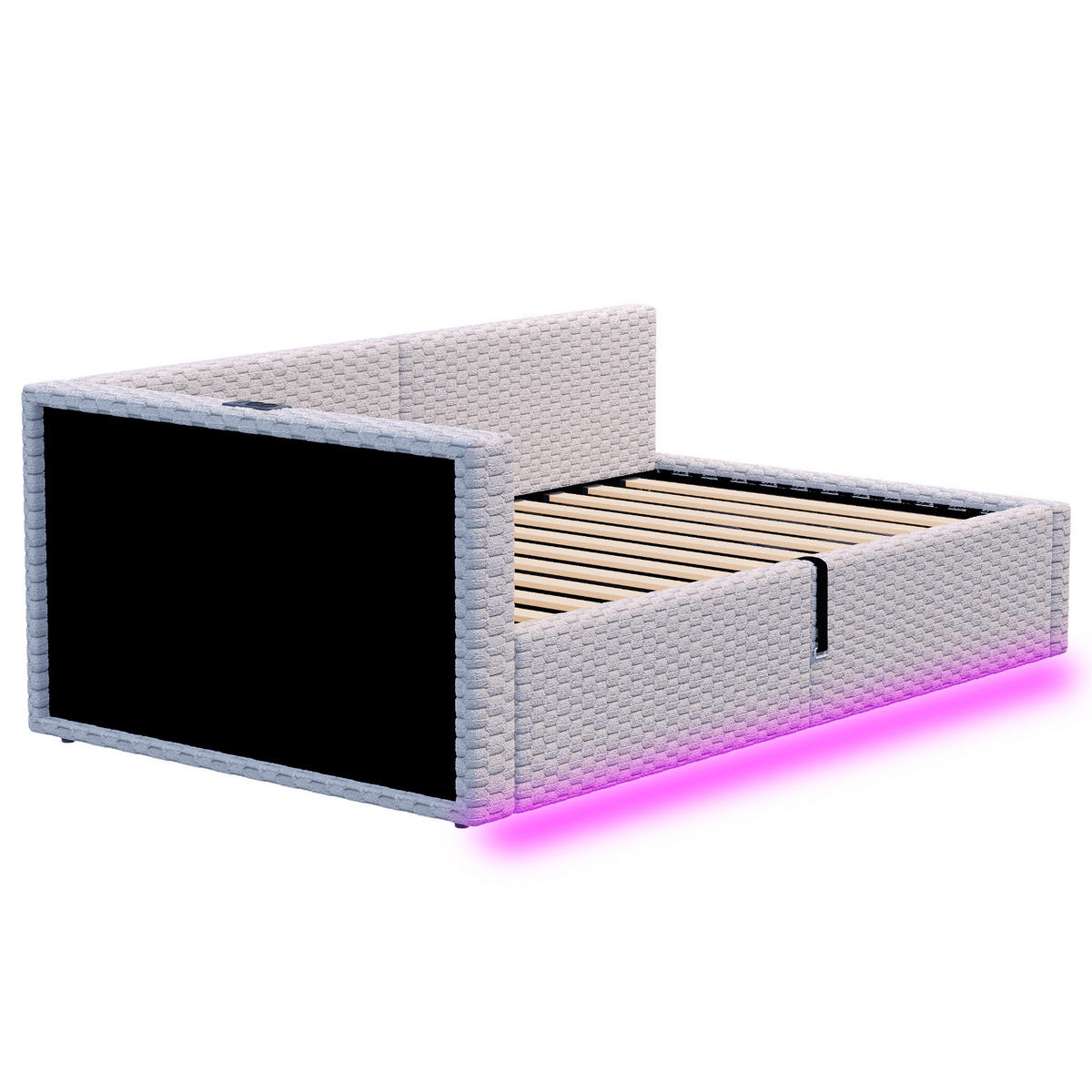 POLSTERBETT 90/200 cm aus Samt mit LED, USB, Typ-C, hydraulischem Bettkasten und L-förmiger Rückenlehne, Grau - Grau, Holzwerkstoff (90/200cm) - Redom