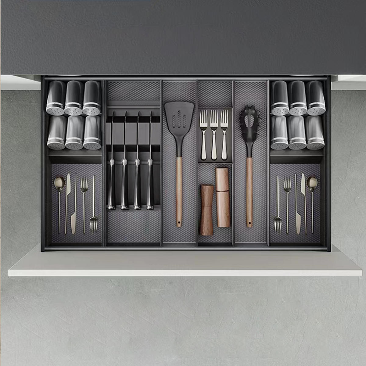 MESSEREINSATZ Orderbox für Schublade, 150x470mm, Stahl und Holz, Anthrazitgrau - Anthrazit, Metall (5.5/15/47cm) - EMUCA