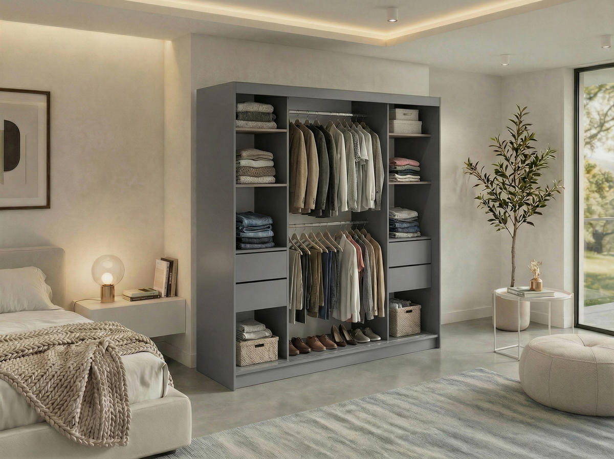 SCHWEBETÜRENSCHRANK mit Lamellen und Schubladen LUMOS - 200 - Grau und Weiß - Alufarben/Weiß, Holzwerkstoff/Metall (200/216/61cm) - MKS