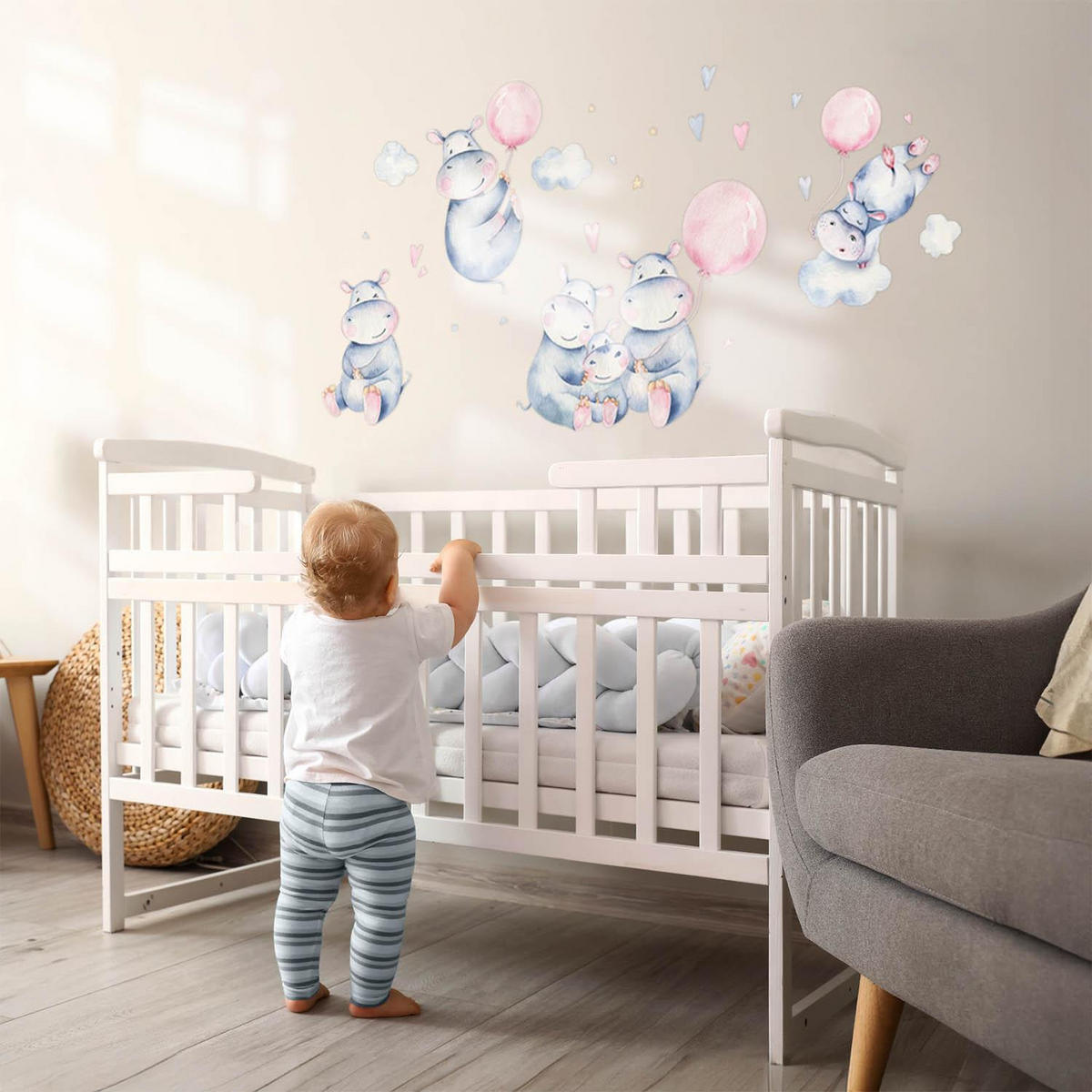 WANDAUFKLEBER 60x102cm - Nilpferdfamilie - Multicolor, Kunststoff (60/102/0.1cm) - Wallfluent