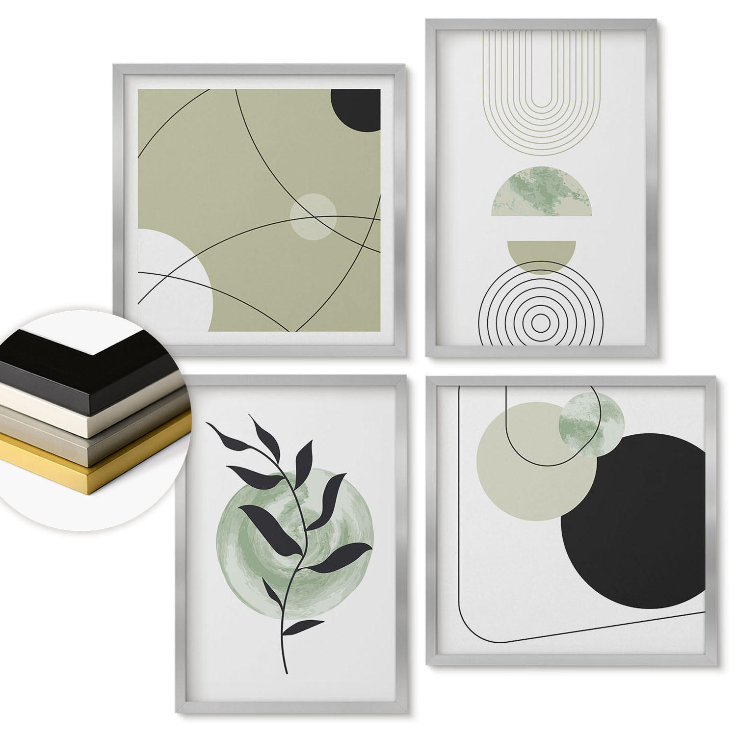 WANDBILDER 4er Set - 50x50 cm & 40x60 cm Silberner Rahmen - Abstrakte Pflanzenmotive - Silberfarben, Kunststoff (50/50cm) - ArtPrintCave