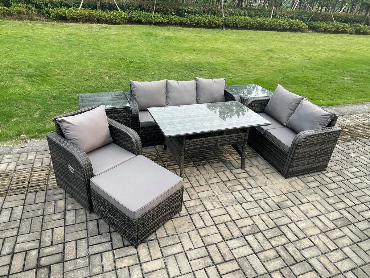 GARTENTISCHGRUPPE mit Liegestuhl,Hocker,Beistelltischen Polyrattan 7-Sitzer - Dunkelgrau/Grau, Glas/Kunststoff - Fimous