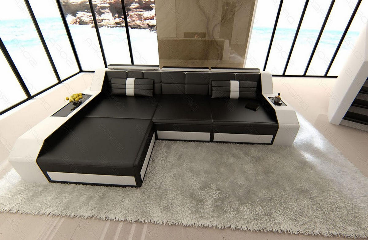 COUCH Arezzo L Schwarz Weiß Echtleder - Schwarz, Leder (308/194cm)