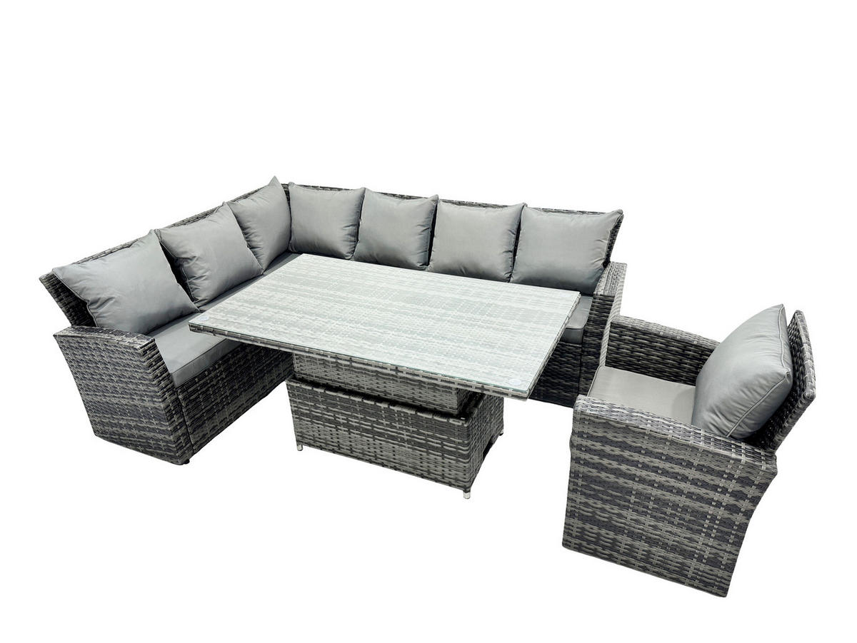 GARTENSET mit höhenverstellbarer Tisch Polyrattan 7-Sitzer - Dunkelgrau/Grau, Glas/Kunststoff - Fimous