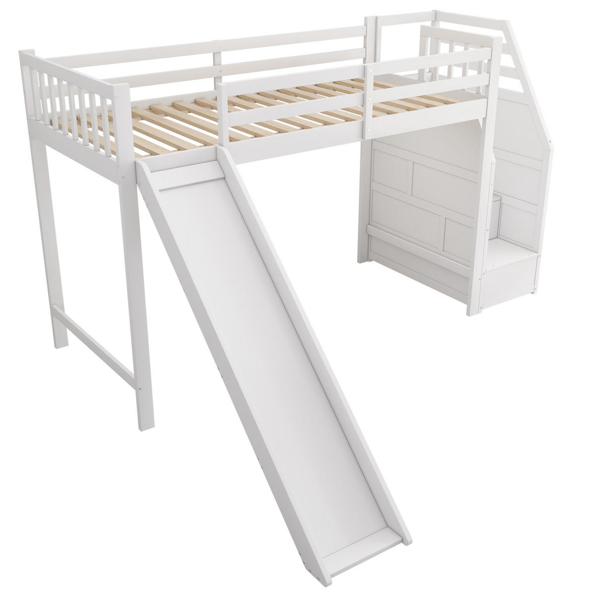 HOCHBETT 90/200 cm, Weiß mit Rutsche und Ablageleiter, ohne Matratze - Weiß, Holz (90/200cm) - MIVRAY