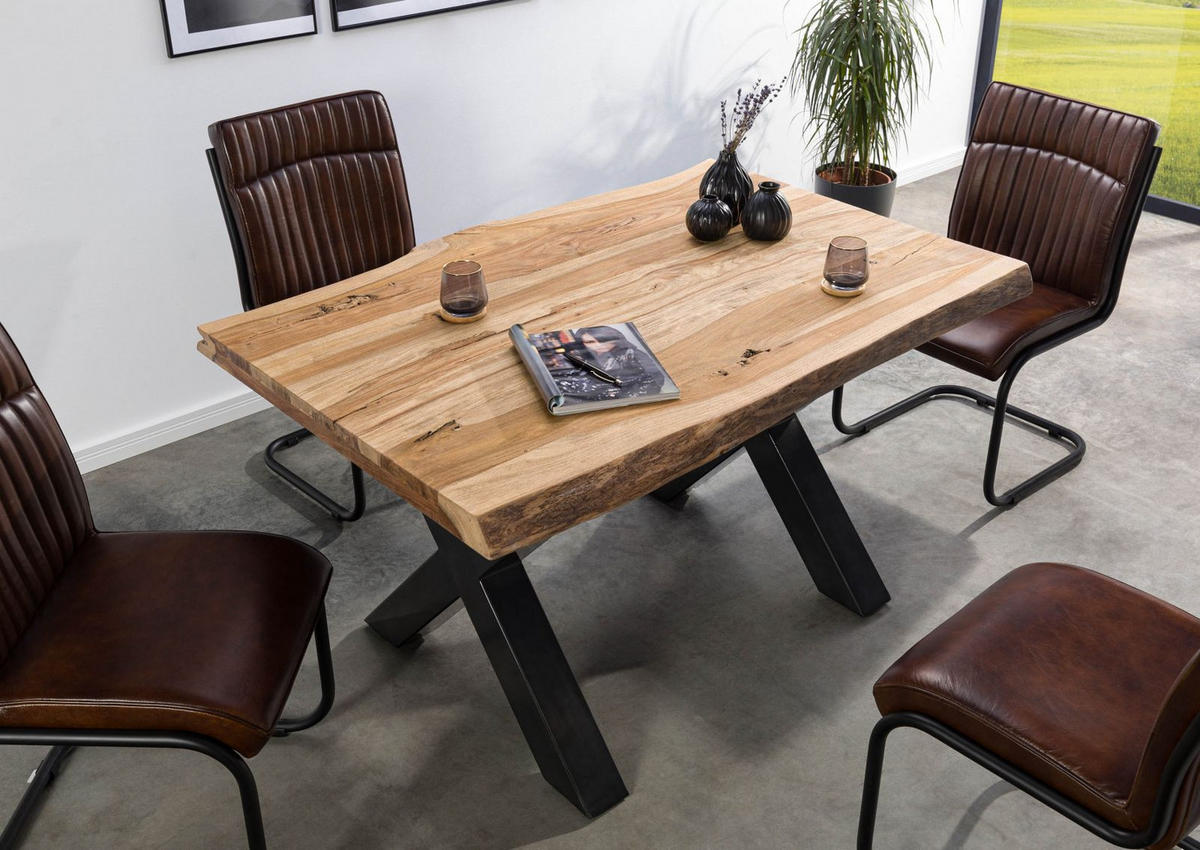 BAUMTISCH Sheesham 140x90x77 natur sandgestrahlt / X-Beine anthrazit glänzend FREEFORM 5 - Braun, Holz (90/140/77cm) - Massivmoebel24